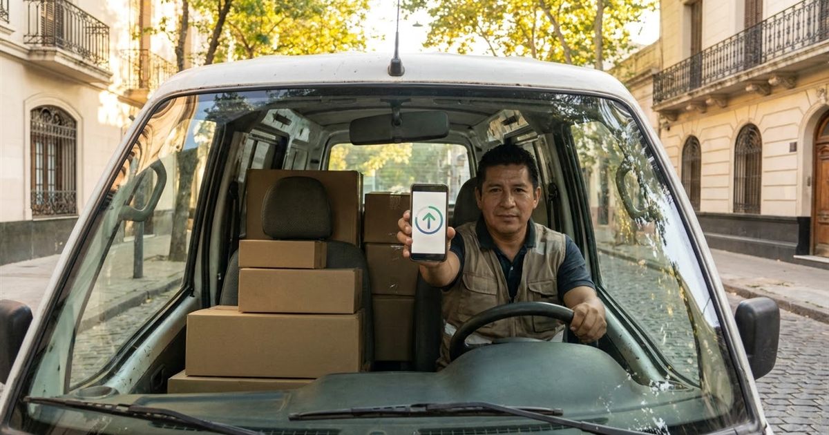 Repartidor latino actualizando la app de entregas de su courier desde Google Play en el celular antes de salir a ruta