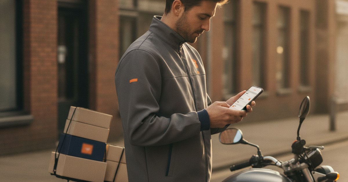 Repartidor revisando en la app de su celular las entregas asignadas para el día