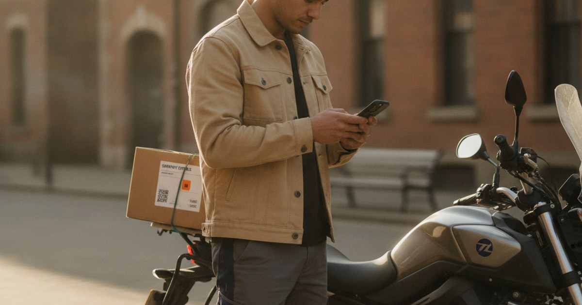 Mensajero independiente en moto revisando en su celular las entregas del día que él mismo organiza