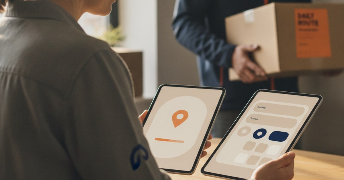 Dueño de un negocio de paquetería comparando en una tablet una simple app de rastreo con un panel de gestión completo