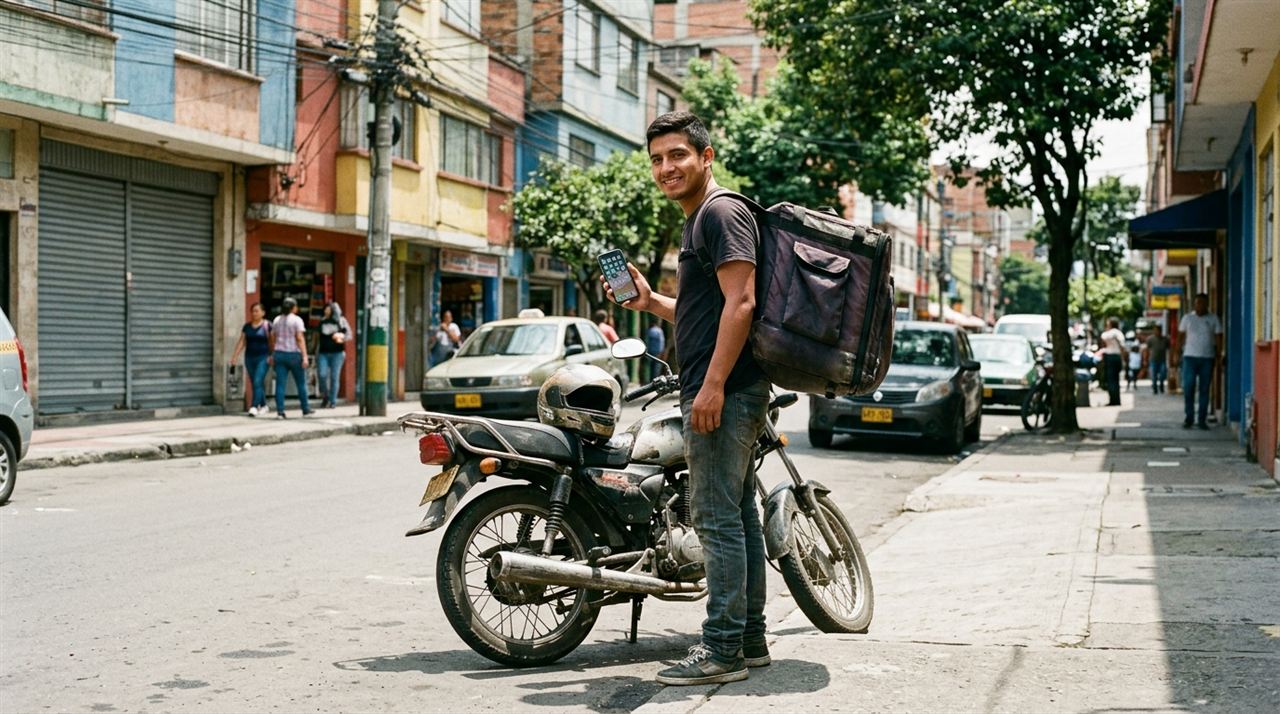 Repartidor latino usando un iPhone con el acceso directo del software de paquetería en su pantalla de inicio