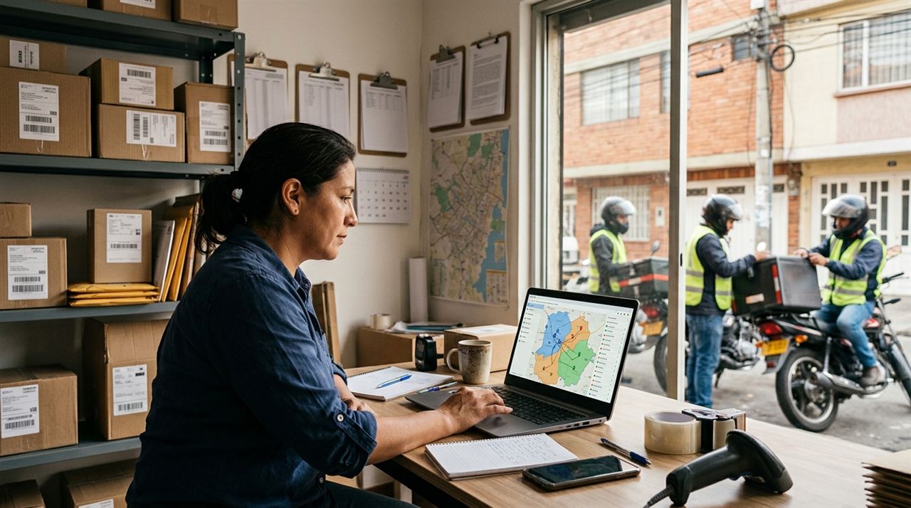Encargada latina de un courier viendo cómo el software de paquetería reparte guías por zona entre sus repartidores
