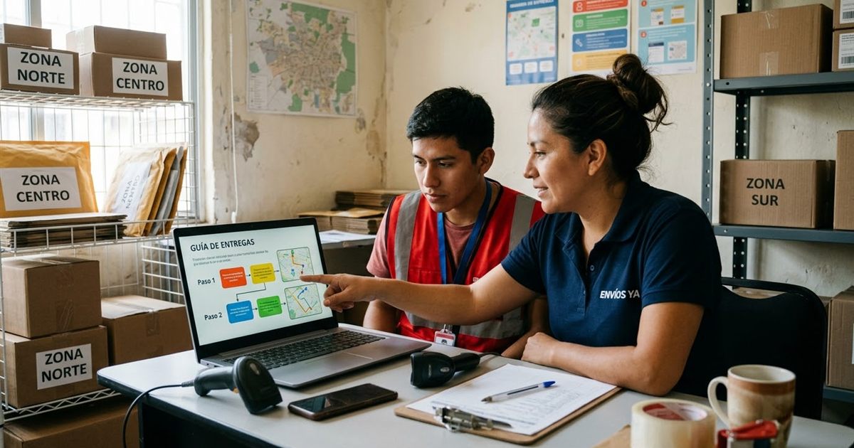 Empleada de un courier latinoamericano aprendiendo a usar el software de paquetería con la guía de ayuda abierta en la pantalla