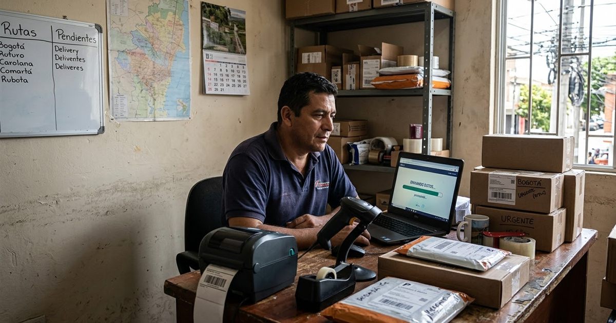 Courier revisando en pantalla la barra de guías usadas del mes de su plan de software de paquetería
