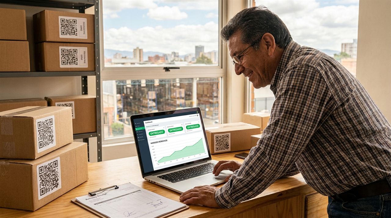Dueño latino de un courier revisando en su laptop un software para courier con envíos y liquidaciones al día, junto a paquetes con etiquetas QR