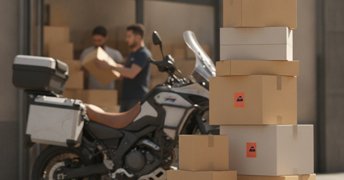 Pila de paquetes listos para repartir apilados junto a una moto de reparto en un día de alta demanda