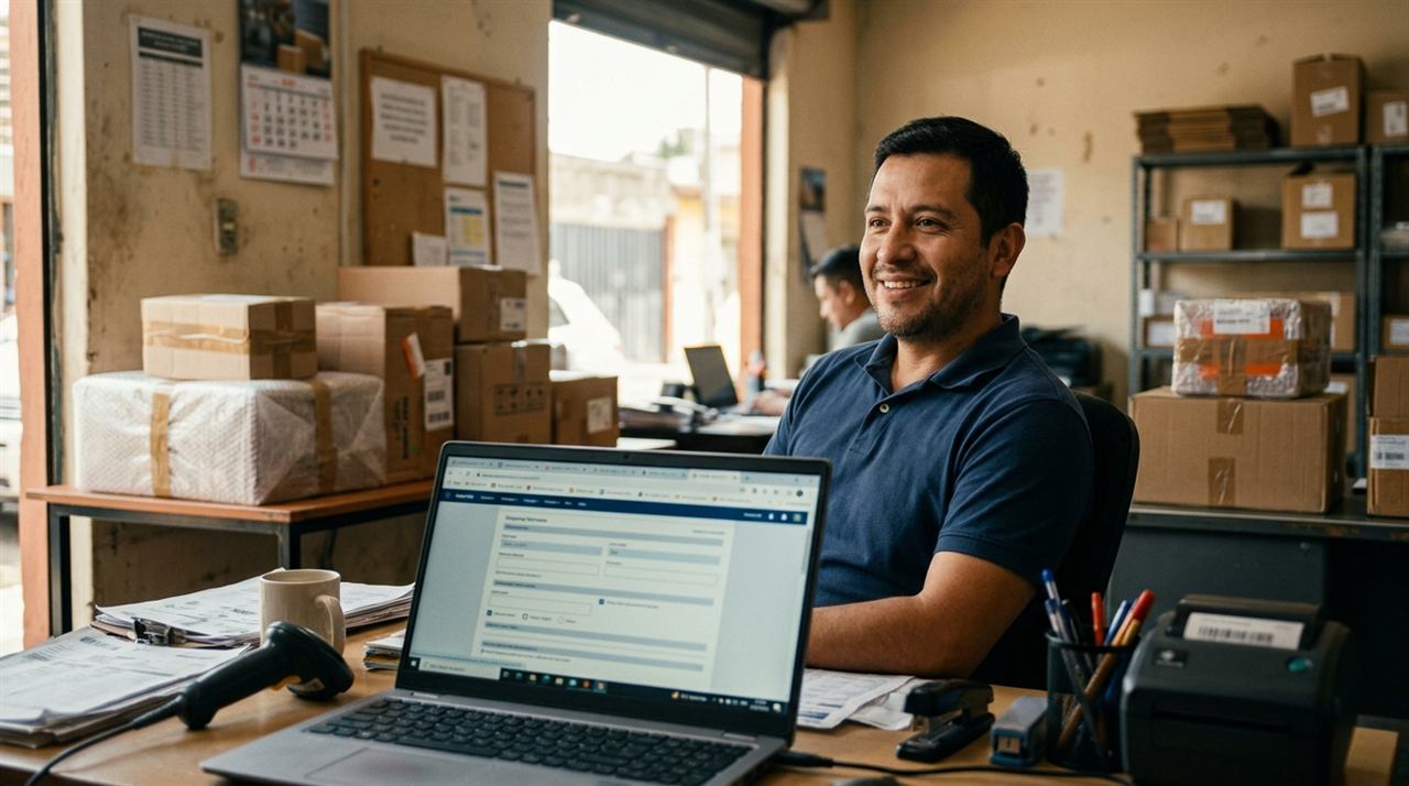 Empleado latino de un courier recuperando el borrador de una guía de envío tras recargar la página del software de paquetería
