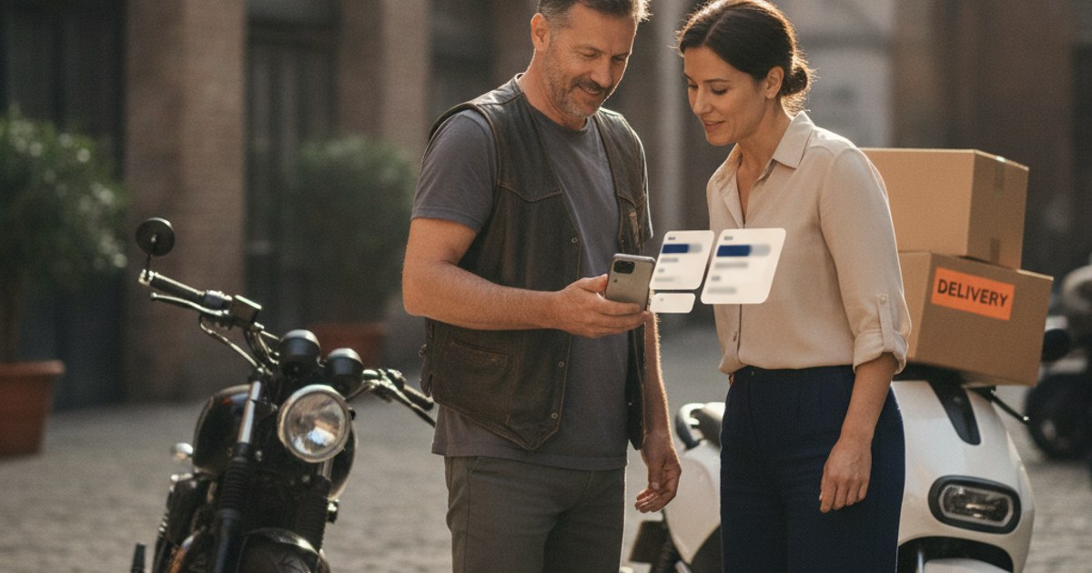 Repartidor con experiencia mostrando la app de reparto a un repartidor nuevo junto a las motos