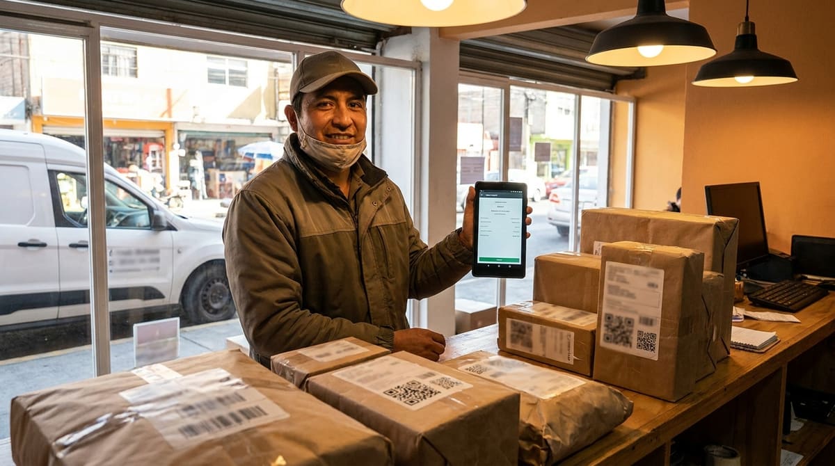 Repartidor mexicano revisando una factura CFDI en una tablet junto a paquetes con etiqueta y código QR