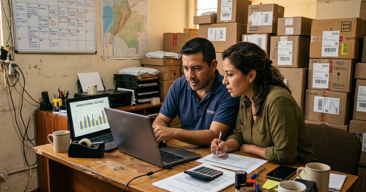 Dueño de un negocio de paquetería haciendo el cierre del mes con reportes de liquidaciones e ingresos en su computadora