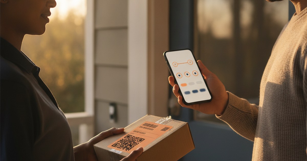 Cliente revisando en su celular el rastreo de un pedido mientras un repartidor le entrega el paquete
