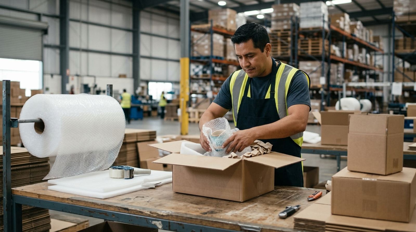 Repartidor empacando con cuidado un producto frágil en cajas y plástico burbuja antes de generar la guía