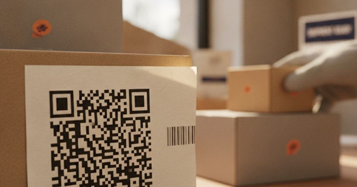 Primer plano de una guía de envío con un código QR impreso listo para escanear
