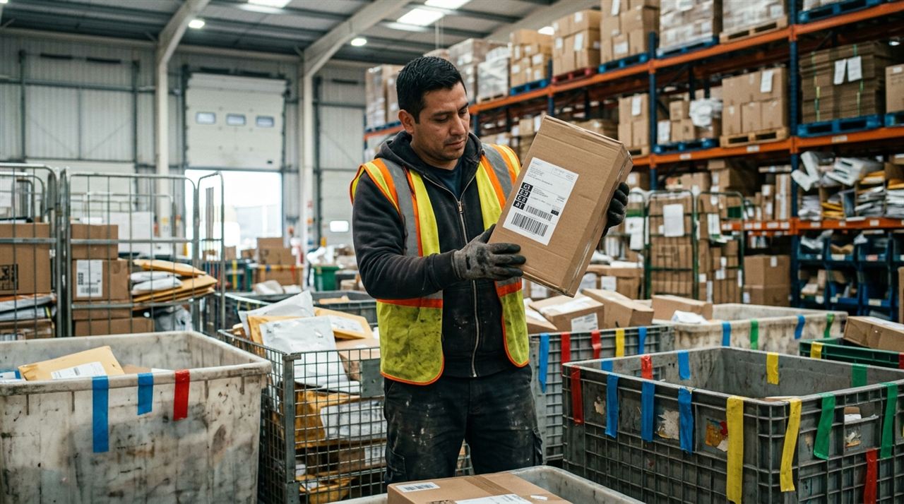 Operario latino de una bodega de courier clasificando paquetes por los códigos de zona impresos en la etiqueta de envío