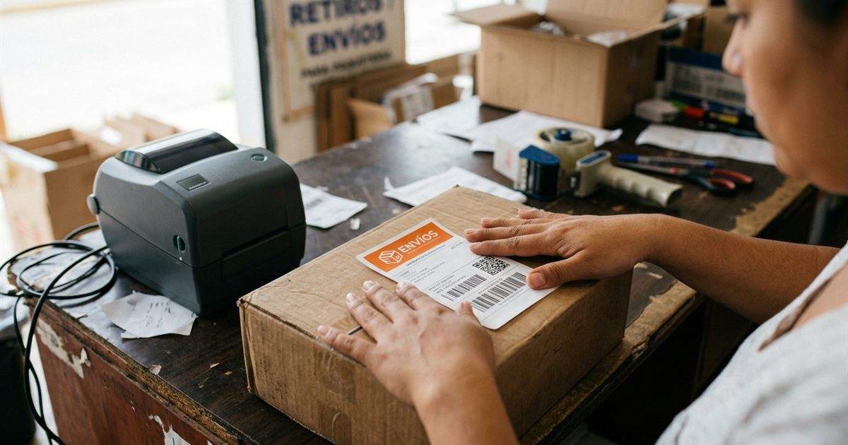 Guía de envío impresa con el logo y el color de marca de un courier latinoamericano pegada sobre una caja lista para despachar