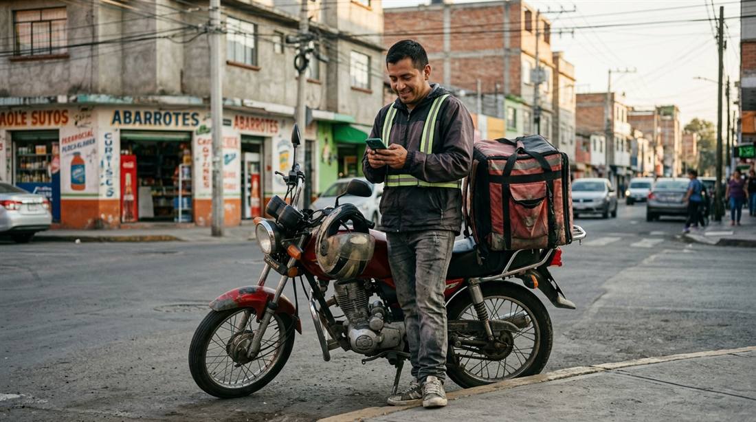 Repartidor independiente revisando en su celular el detalle de comisión por guías entregadas en la semana