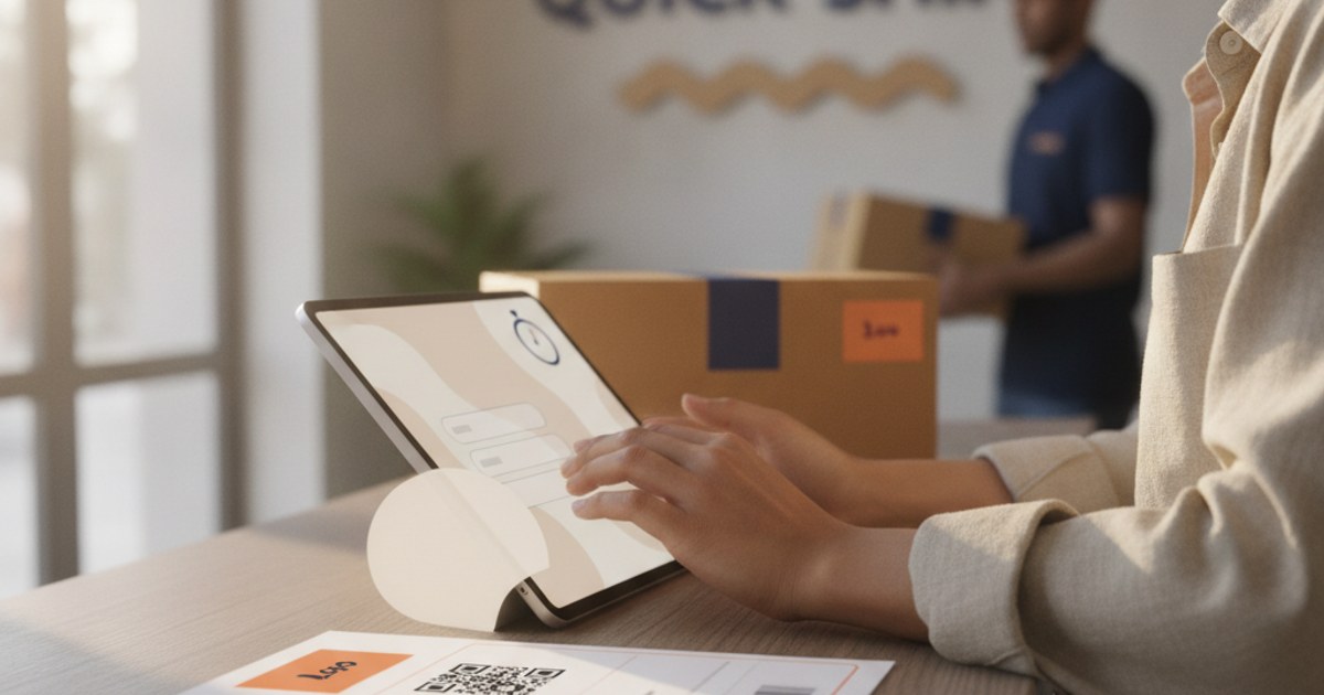 Dueño de un negocio de paquetería probando un software nuevo en una tablet con guías reales