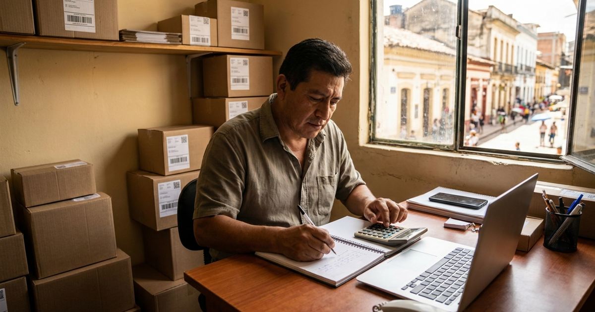 Dueño de un courier latinoamericano calculando el precio de un software de paquetería con una calculadora junto a paquetes y guías