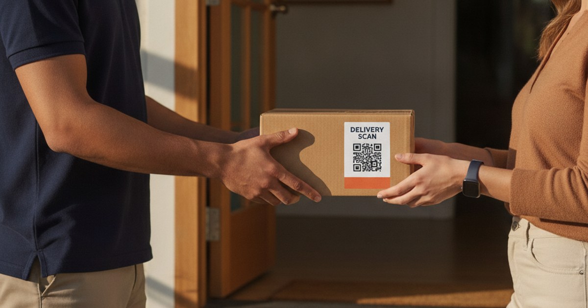 Repartidor entregando un paquete con una guía y código QR sobre un mostrador de courier