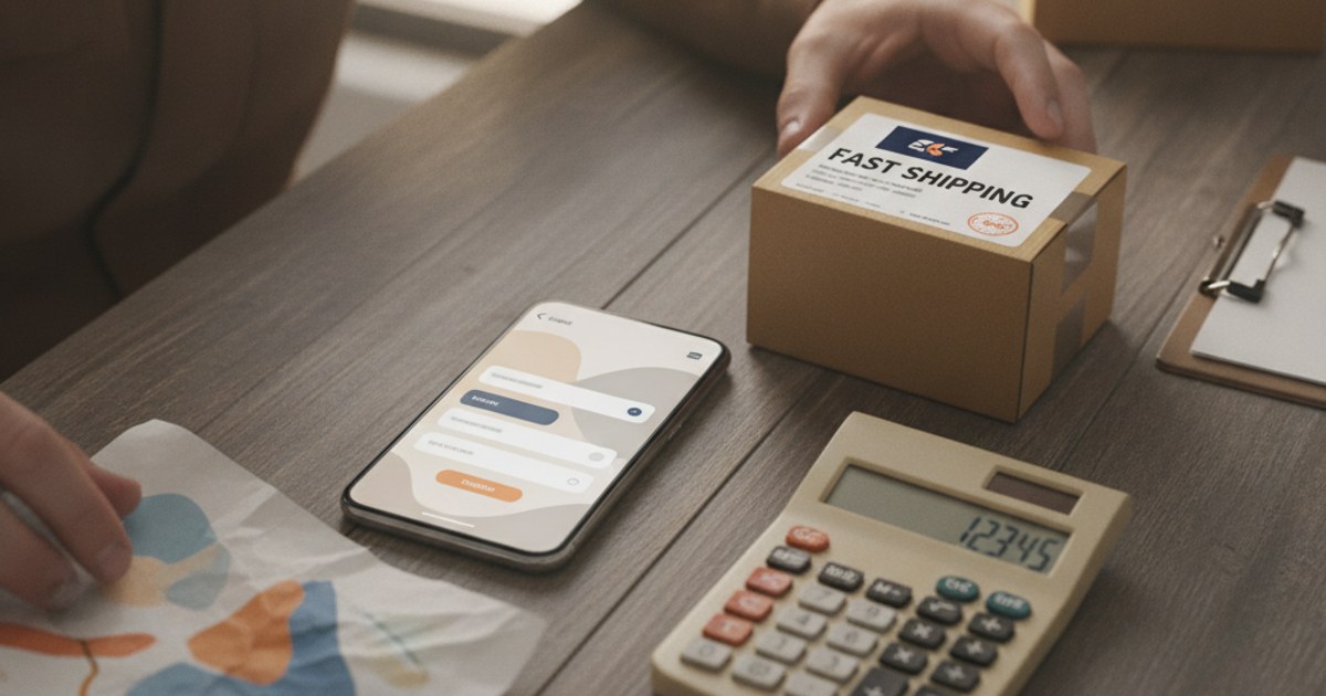 Celular mostrando opciones de envío en un checkout junto a una caja, una calculadora y un mapa de zonas