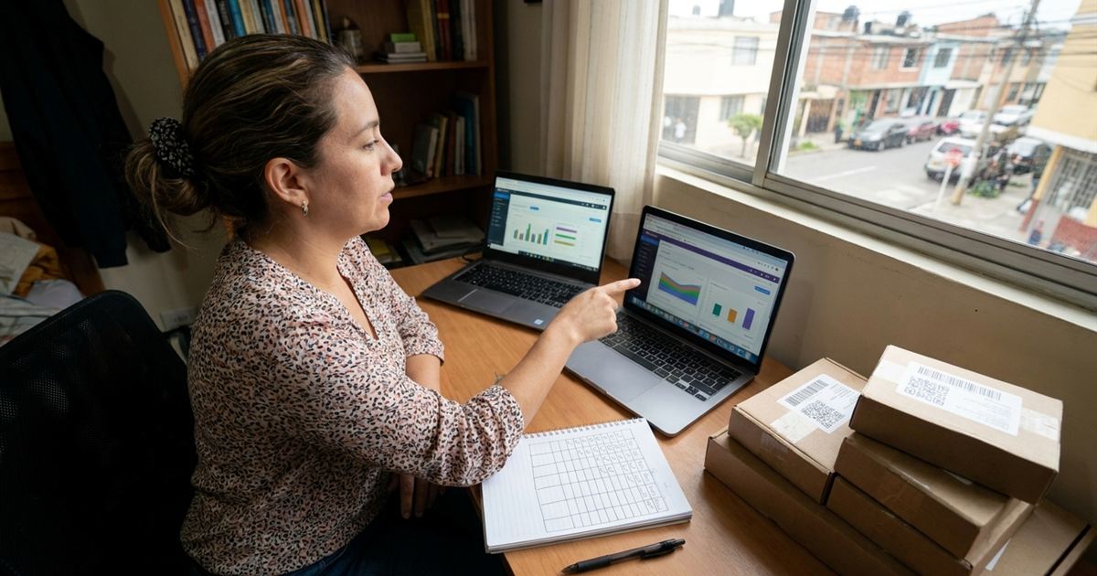 Courier latinoamericana comparando opciones de software de paquetería con una tabla de criterios sobre un escritorio con paquetes etiquetados