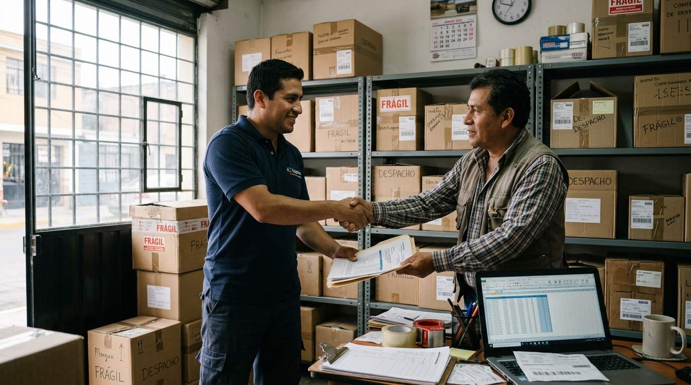 Dos dueños de negocio dándose la mano tras revisar los datos de compra de una paquetería