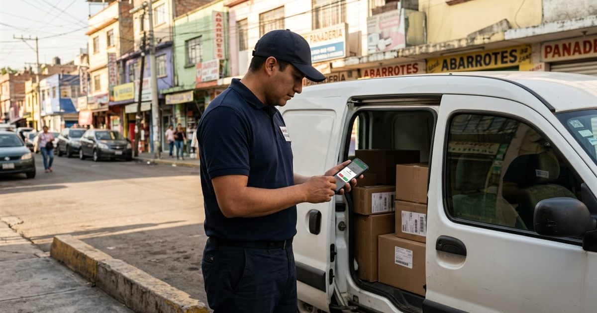 Repartidor latino confirmando en su celular el cambio de estado de una guía de envío antes de salir a entregar