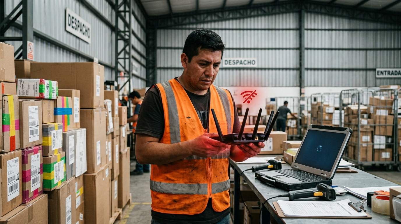 Trabajador de bodega de paquetería revisando un router sin señal rodeado de cajas por despachar