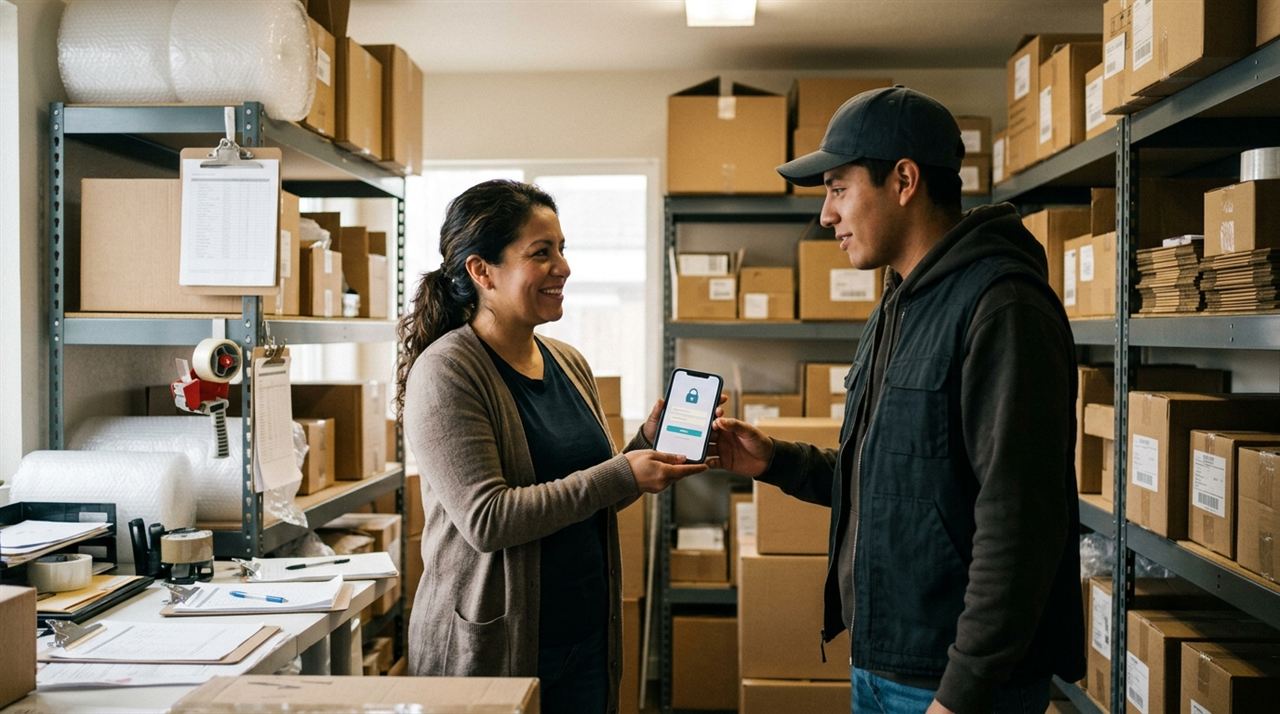 Dueña de un courier entregando a un repartidor su acceso temporal al software de paquetería en la pantalla de un celular