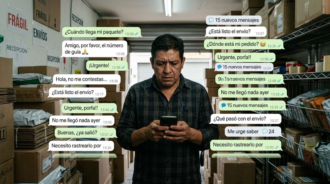 Dueño de negocio de paquetería abrumado revisando decenas de mensajes de WhatsApp en su celular