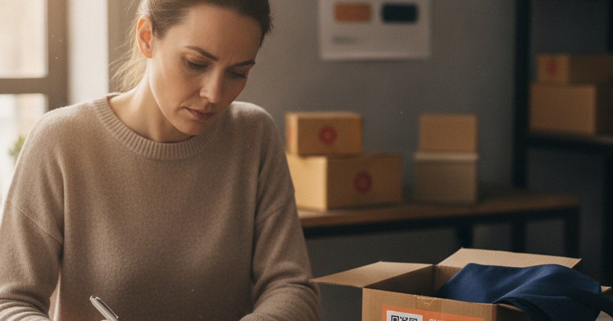 Persona calculando en una calculadora el costo de un envío junto a una caja y una guía