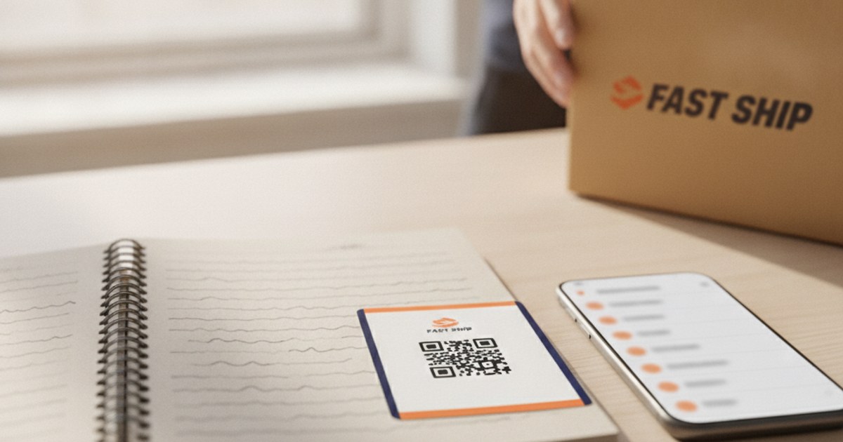 Cuaderno de papel con guías de envío anotadas a mano junto a un celular con un software de paquetería