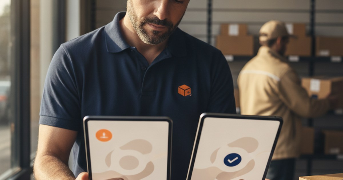 Dueño de un negocio de paquetería comparando en una tablet su sistema actual con uno nuevo