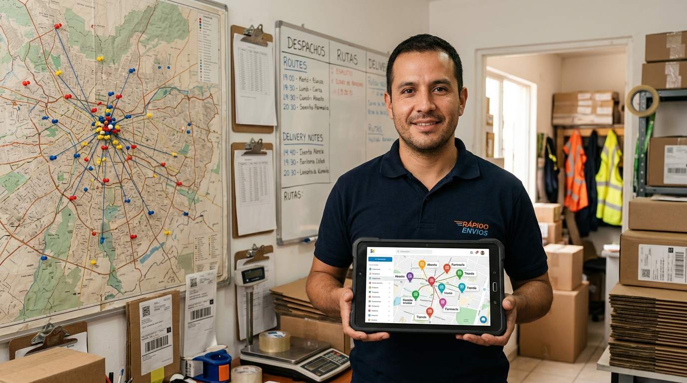 Dueño de negocio de paquetería mostrando en una tablet un panel con varias tiendas conectadas