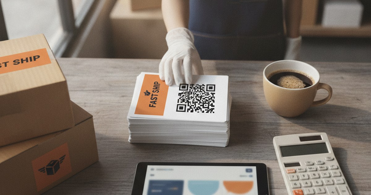 Guías de envío y etiquetas con código QR sobre un mostrador junto a una tablet con precios