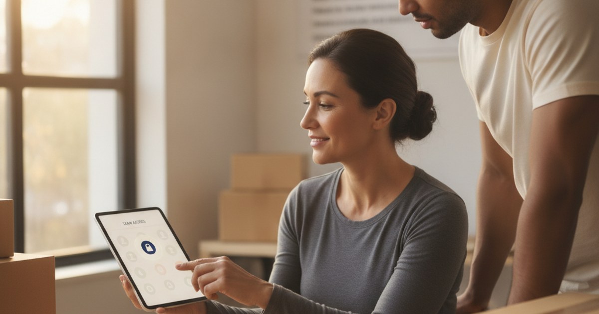 Dueño de un negocio de paquetería configurando el acceso de un empleado en una tablet