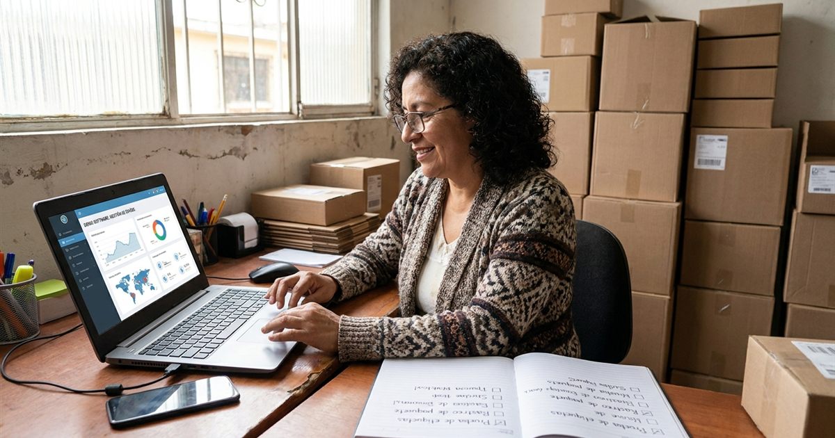 Dueña de un courier latinoamericano probando una demo de software de paquetería en su computadora con una lista de pruebas a un lado