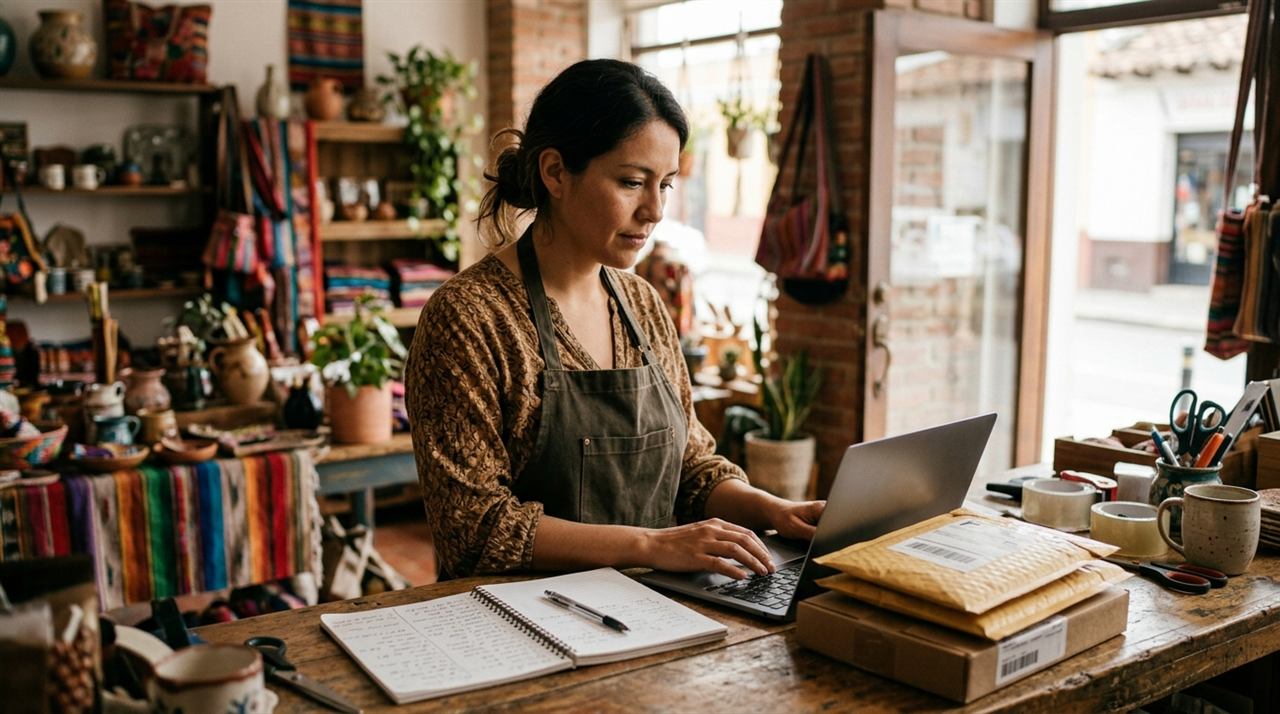 Dueña latina de una tienda creando una guía de envío con destinatarios guardados en el software de paquetería