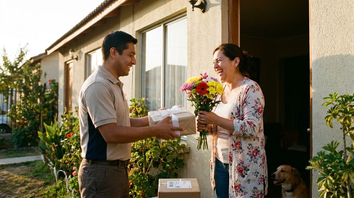 Repartidor entregando un ramo de flores y un regalo envuelto junto a una guía de envío con código QR