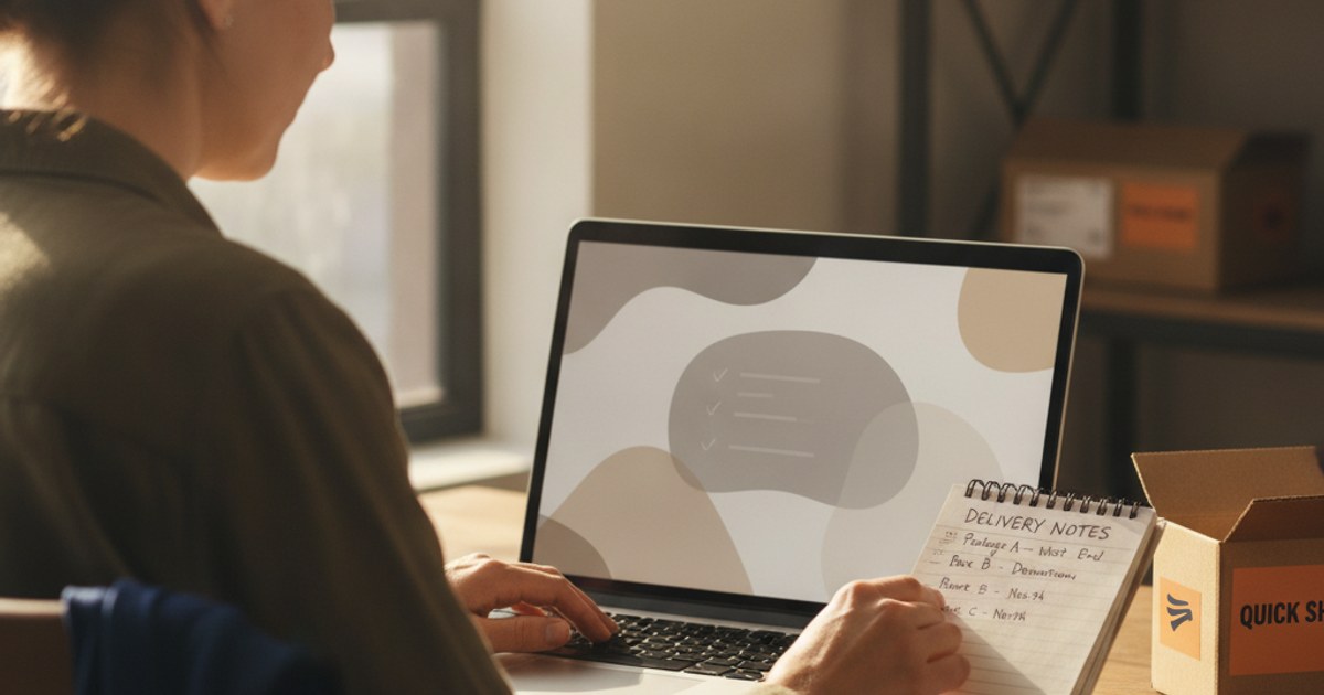Dueño de un negocio de paquetería configurando su primer sistema digital en una laptop junto a un cuaderno de notas