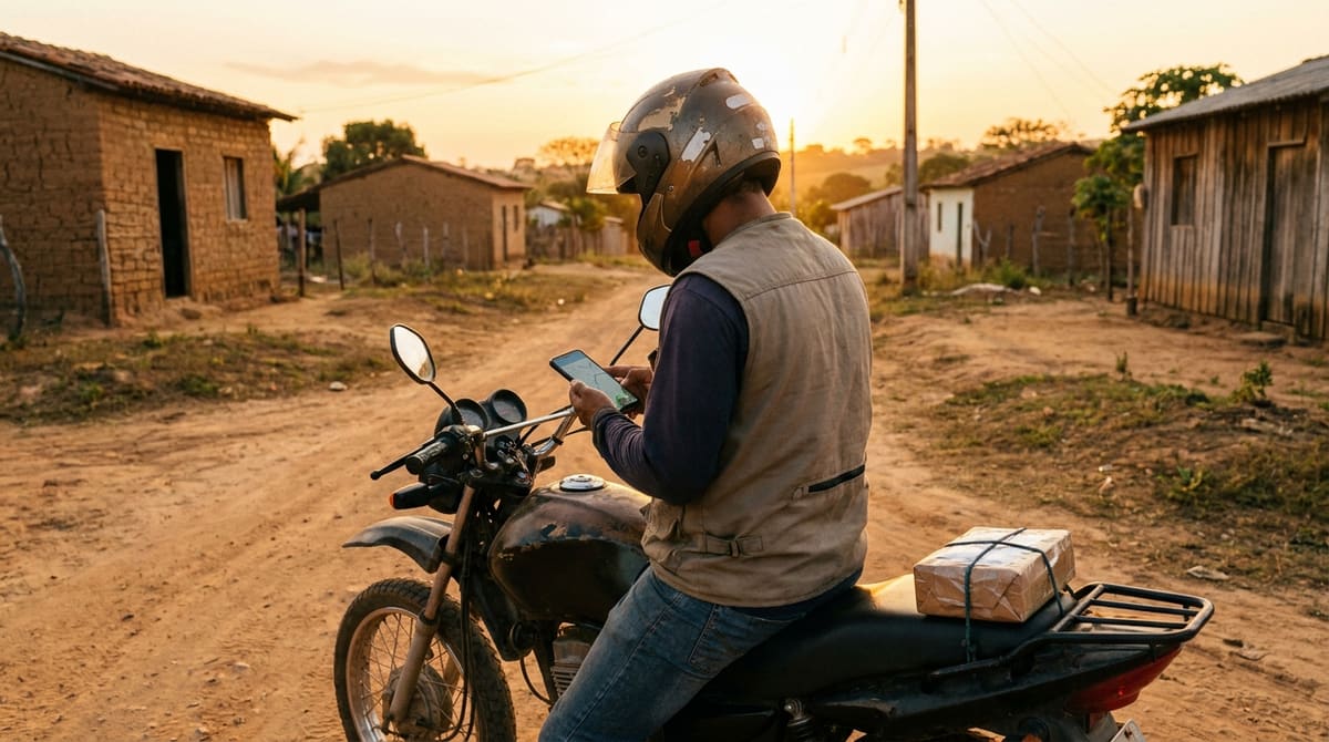 Repartidor de paquetería consultando un mapa en su teléfono en un camino rural sin señalización de calles