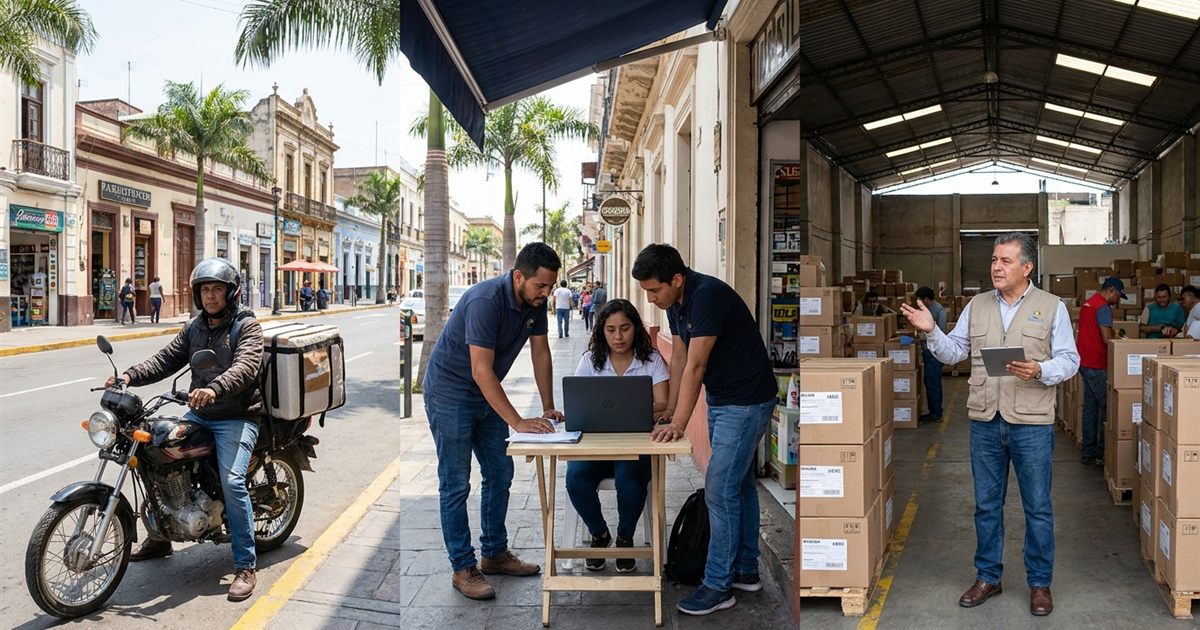 Tres couriers latinoamericanos de distinto tamaño usando un software de paquetería: un motorizado, un equipo de reparto y una bodega con varias sucursales