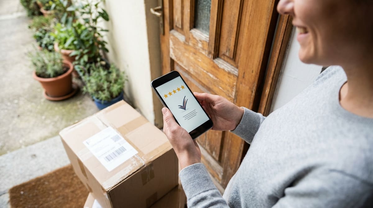 Cliente calificando con estrellas en su teléfono la entrega de un paquete recién recibido con etiqueta de envío