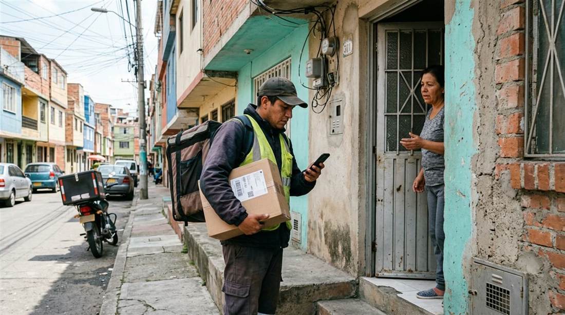 Repartidor revisando en el celular una guía marcada como entrega fallida antes de reintentar