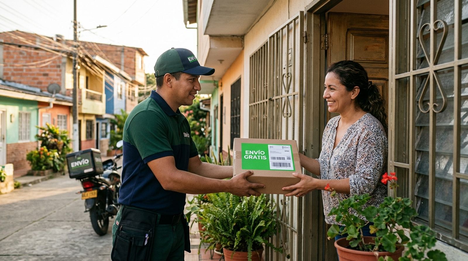 Repartidor entregando una caja con una etiqueta de envío gratis a un cliente en la puerta de su casa
