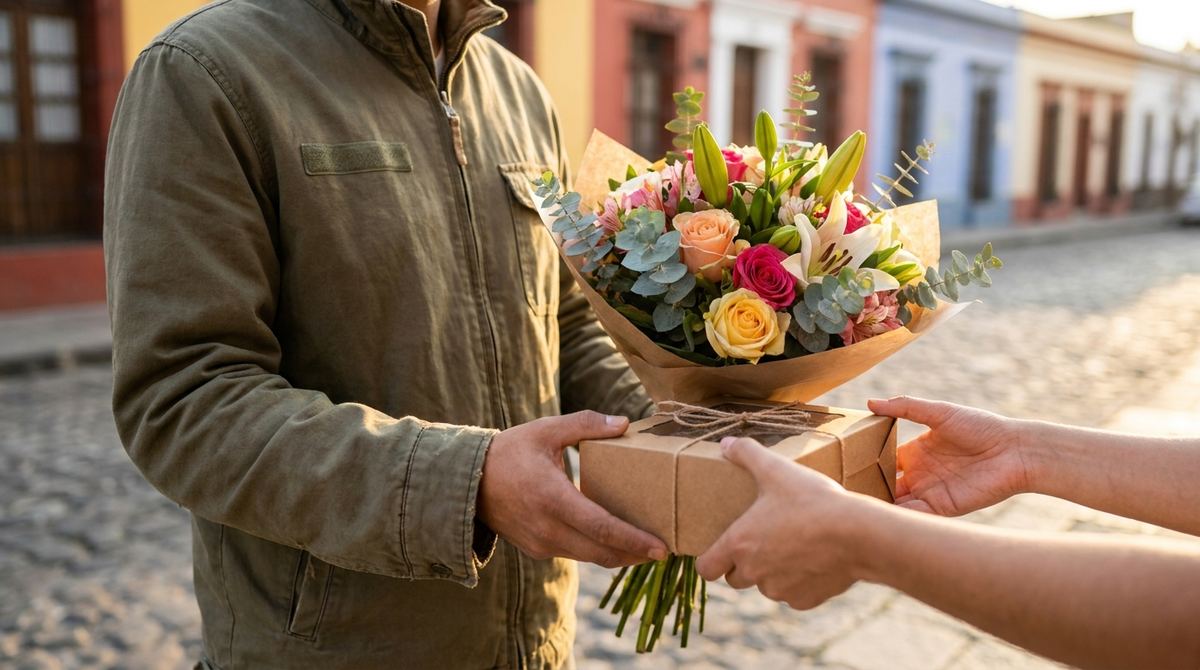 Repartidor entregando un ramo de flores y una caja de comida como envíos perecederos con software de paquetería