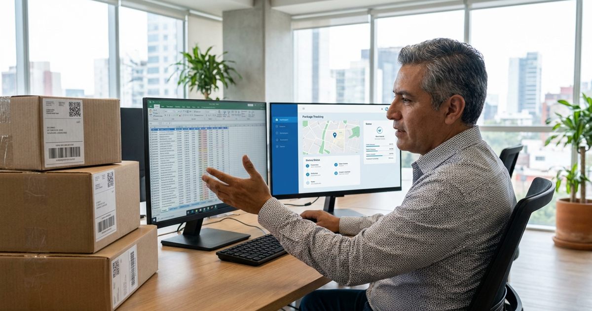 Dueño de un courier latinoamericano comparando un sistema administrativo y un software de paquetería en pantalla junto a paquetes con guías