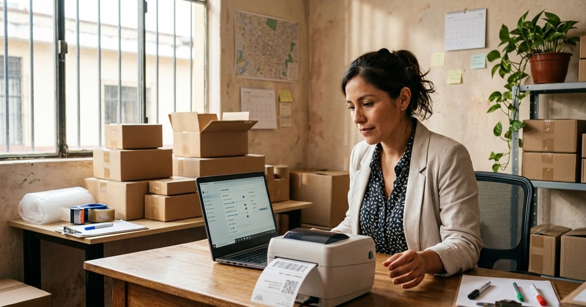 Dueña de un courier nuevo configurando comisiones y etiquetas en la pantalla de su software para courier