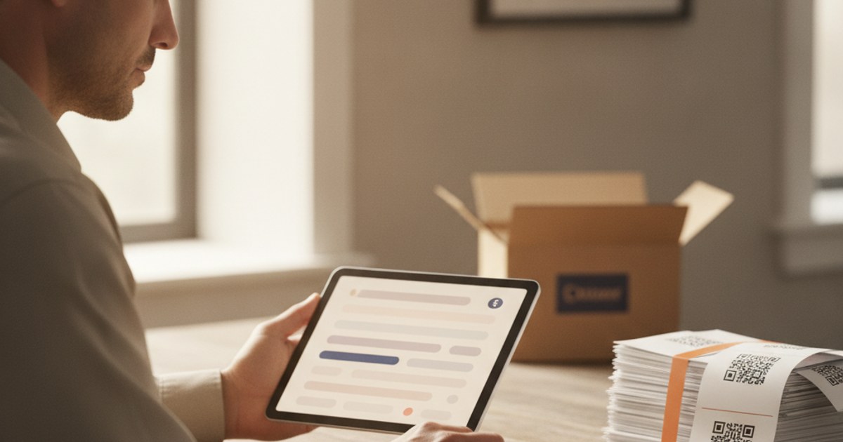 Dueño de un negocio de paquetería revisando una lista de tarifas de envío en una tablet