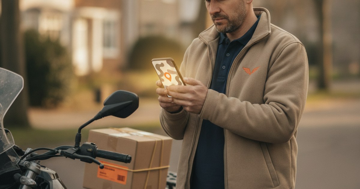 Repartidor revisando una dirección incorrecta en su celular junto a una calle residencial